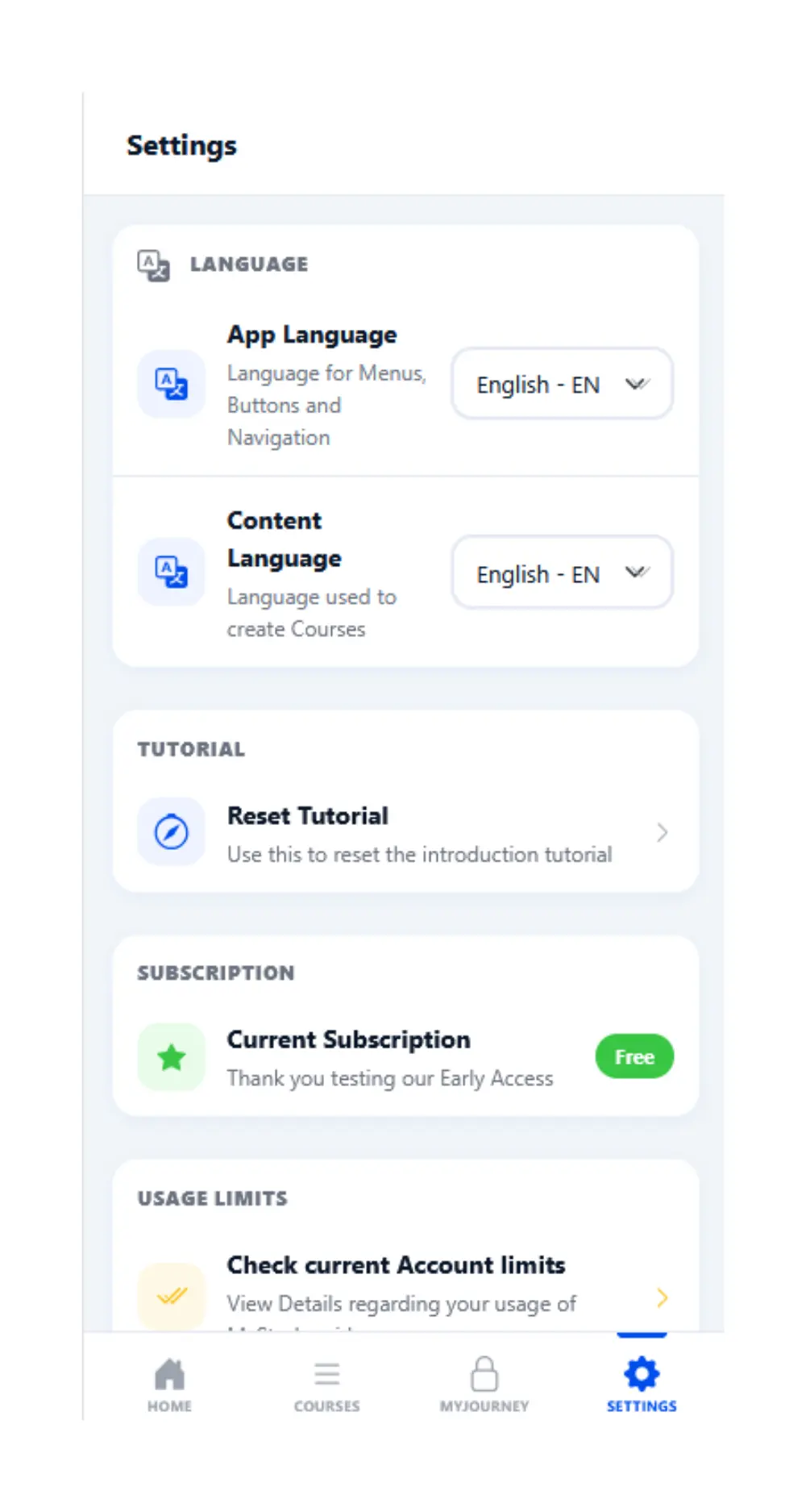 MyStudyguide settings screen with language selection, tutorial reset, subscription status showing free early access, and account usage limits